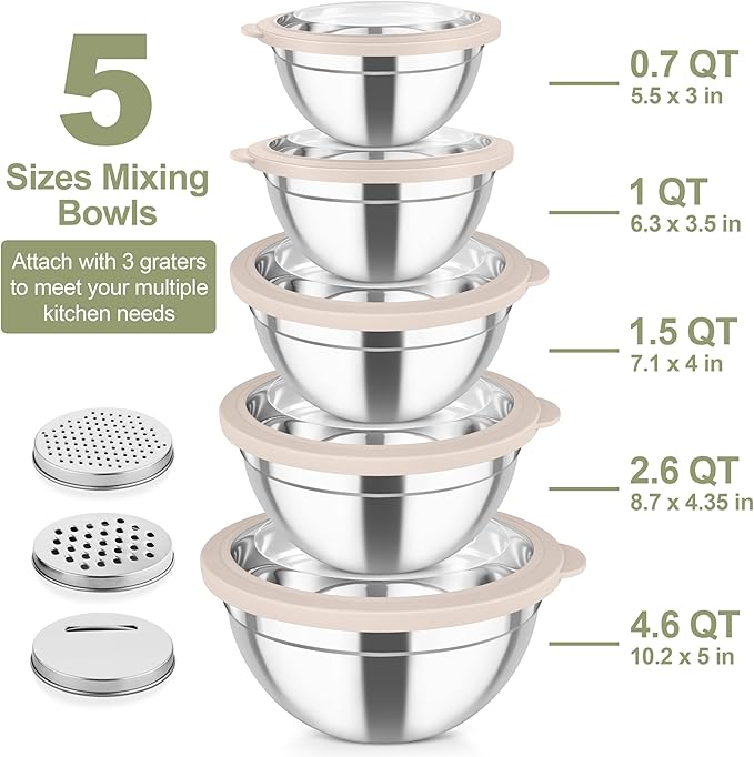 TeamFar Mixing Bowls, Stainless Steel Salad Serving Bowl with Clear Lids | with 3 Graters, For Kitchen Cooking Prepping Storing, Size 4.6/2.6/1.5/1/0.7 QT, Nesting & Airtight, Set of 5 & Khaki