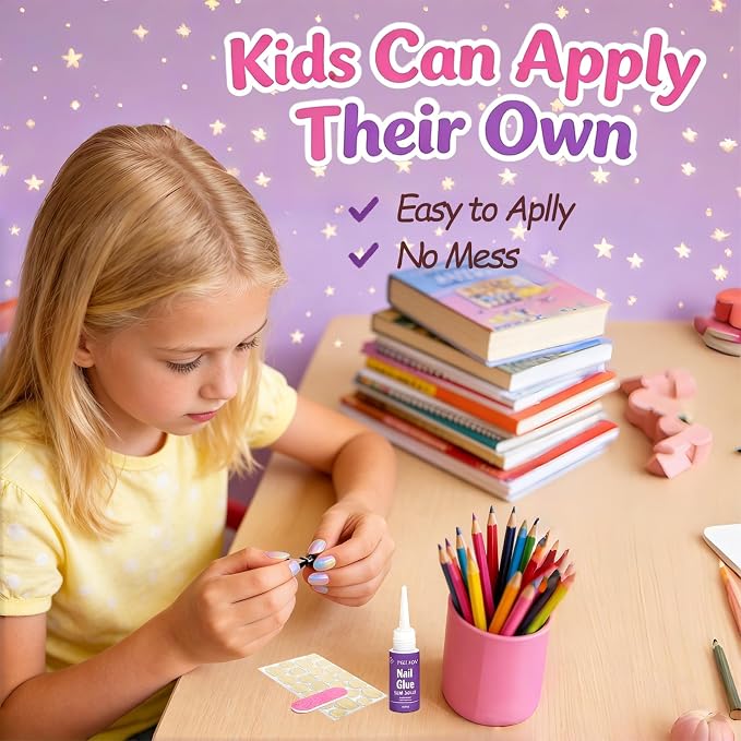 24pcs Press on Nails for Kids, Chorme Ombre Design for Teenager Girls 8-12 | Almond Kids Press on Nails, 12 Size, Non-Toxic, Fashion Nail Kit with Adhesive Tabs, Nail File for Christmas, Birthday, Party