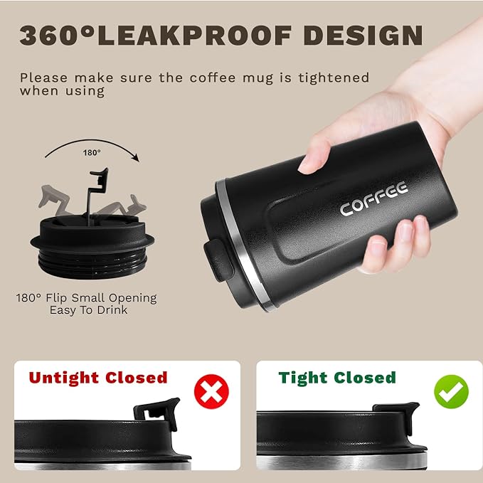 SPLMIFA Travel coffee mugs leak-proof, reusable coffee cups with lids, stainless steel vacuum insulated coffee tumblers, thermal insulation cups for men & women keep drinks hot & cold(2nd-Black, 17OZ)