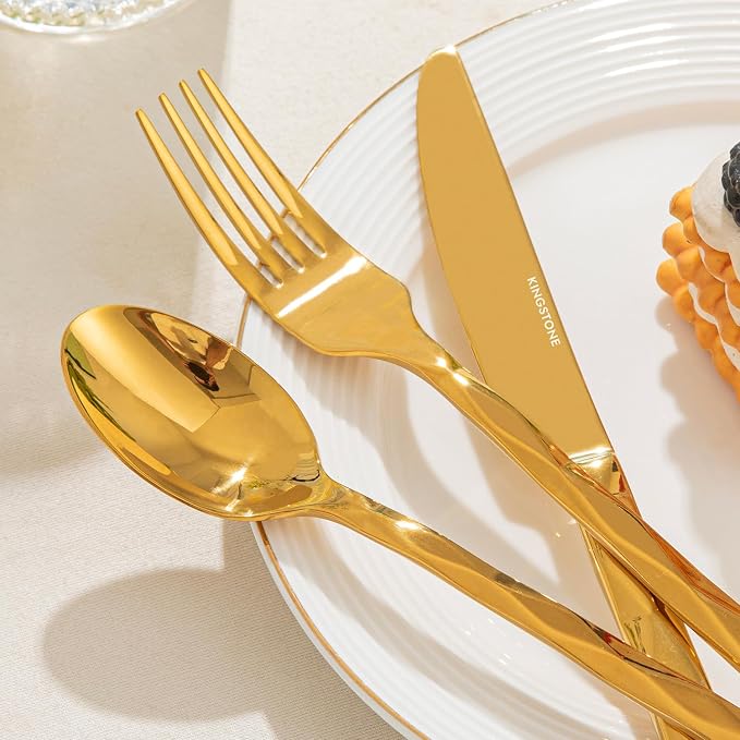20 Piece 18/10 Gold Silverware Set, Stainless Steel Flatware Cutlery for 4 | KINGSTONE Luxury Silverware with Diamond Cut Pattern, Mirror Polished Utensils for Kitchen, Wedding, Party, Dishwasher Safe