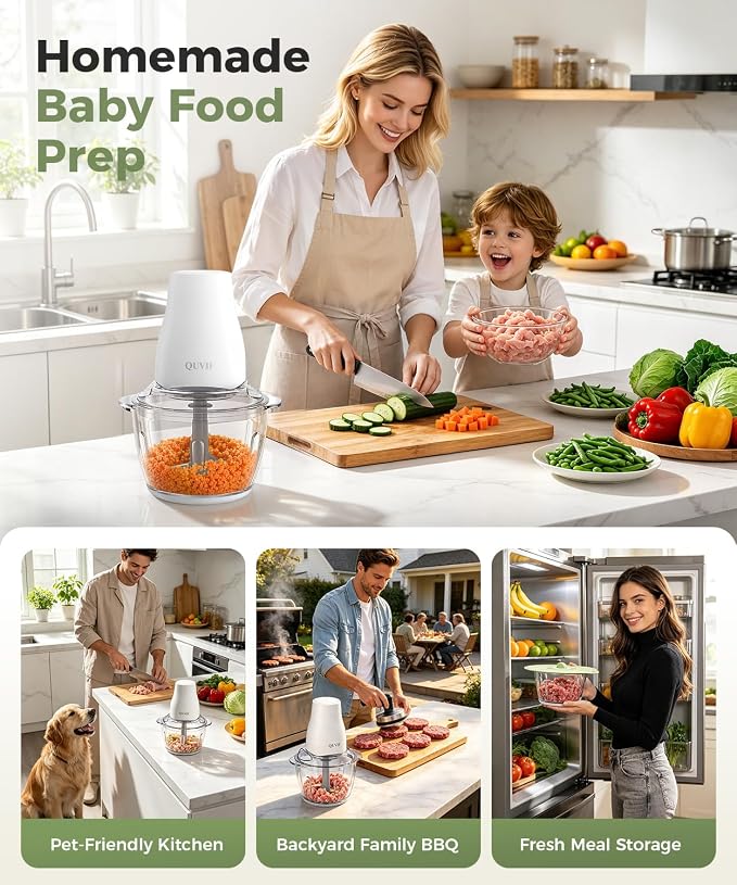 Food Processor Electric Food Chopper Meat Grinder, Easy-Clean, 5-Cup | Vegetable chopper with magnetic spindle&serrated blades&glass bowl,power copper motor, for veggies/baby food and ice(White)
