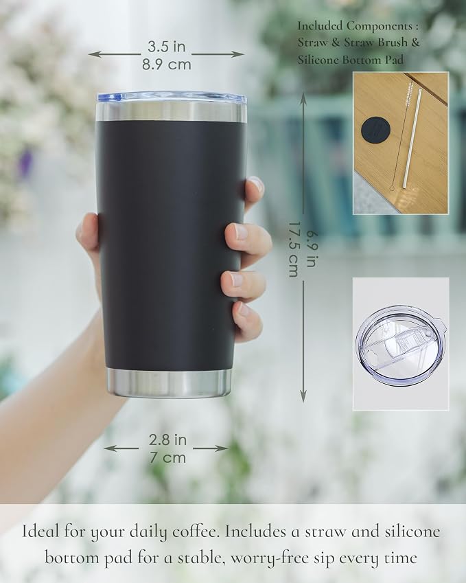 20oz Travel Coffee Tumbler 8 Pack, Lids and Straws, Stainless Steel | Double Wall Vacuum Insulated Tumbler, Coffee Mug for Hot & Cold Drinks, Fits Most Car Cup Holders, Black