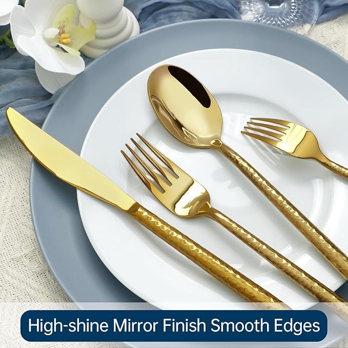 Gold Silverware Set 40 Piece Hammered Round Handle Service for 8 | 18/10 Stainless Steel Flatware Set, Heavy Duty Utensil, Cutlery Set for Home Party Wedding, Mirror Polished Dishwasher Safe