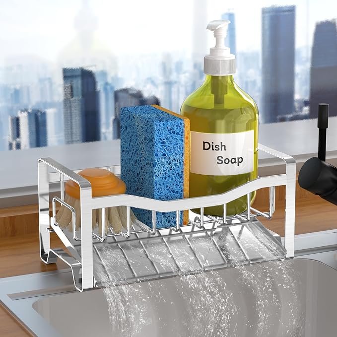 Stainless Steel Kitchen Sink Caddy Organizer with Auto Drain Tray, Sponge Holder for Countertop Storage Silver
