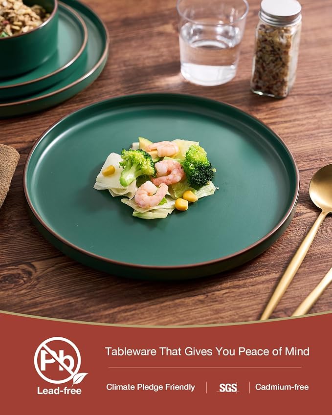 Famiware Nebula Ridge 18-Piece Stoneware Dinnerware Set, Dark Green | Plates and Bowls for 6, Warm Hand-Painted Rims, Microwave and Dishwasher Safe, Daily Essentials