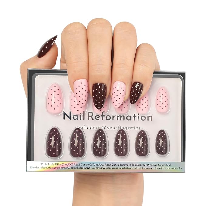 Nail Reformation Press On Nails, Double Dip | Polka Dot Short Almond 32 Pcs | 16 Sizes Fake Nails in Rich Brown and Creamy Pink with Glossy Finish, Reusable Stick On Nails, False Nail Kit for Women Gifts