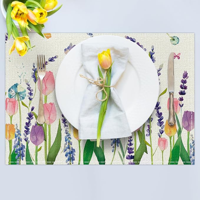 Tulip Lavender Butterfly Spring Placemats Set of 4, Seasonal Holiday Summer Table Mats for Home Party Kitchen Dining Room Decoration 12x18 Inch
