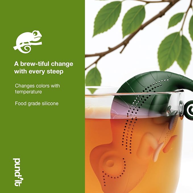 Pund'it Chamomileon Tea Infuser, Cute Color Changing Loose Leaf Tea Steeper | Fun Chameleon Tea Steeper Changes Color While Steeping | Reusable, Dishwasher Safe, Food Safe Tea Accessory | Hangs On Mug