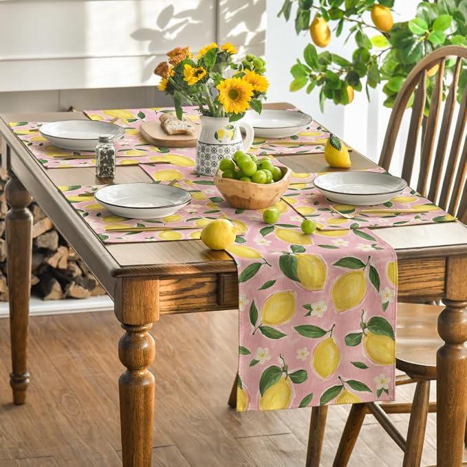 Artoid Mode Pink Lemon Flower Floral Summer Placemats Set of 4,12x18 Inch Seasonal Spring Table Mats for Party Kitchen Dining Decoration