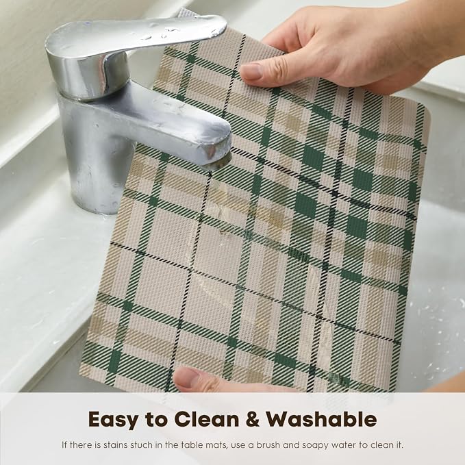 Artoid Mode Stripe Plaid Vinyl Placemats Set of 4, 12x18 Inch Washable Non-Slip Heat Resistant Plastic Place Mats for Party Dining Table, Olive Green