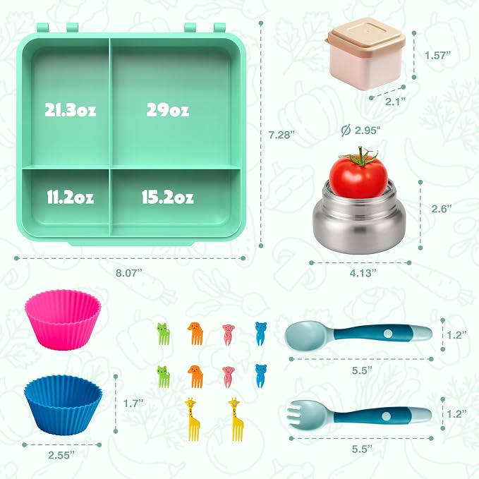 JSLOVE Bento Lunch Box with Leak Proof Thermos Food Jar for Kids, Food Lunch Containers for Girls with 4 Compartments, BPA-Free with Utensils, Food Picks, Sauce Jar & Silicone Lunch Box Dividers