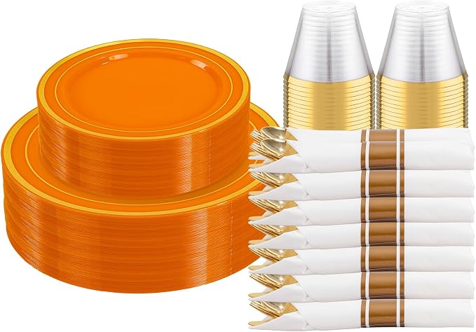 DaYammi 210PCS Orange Plastic Dinnerware Set Orange Plates Disposable Disposable Plates for Party Include: 30 Dinner Plates,30 Dessert Plates,30 Pre Rolled Napkins with Silverware,30 Cups for Wedding
