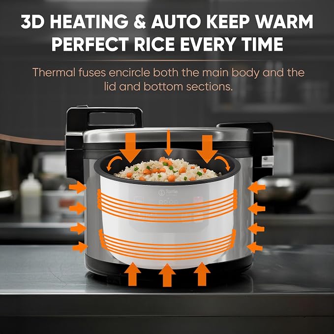 TK Commercial Rice Cooker 64 Cup - Multi-Grain, Brown Rice & More, 7h Warm | For white, brown & mixed-grain rice; 32 cups raw ready in 45min; 8 cooking modes; 3D heating; Swappable TK pot; Cup & scoop