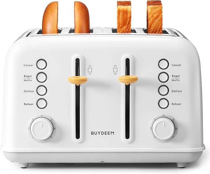 BUYDEEM DT640 4-Slice Toaster, 7 Shade Settings, Extra Wide 1.5’’ Slots for Bagel & English Muffin, 6 Toasting Functions, Retro Stainless Steel Toaster with High Lift Lever, 1800W, Arctic White