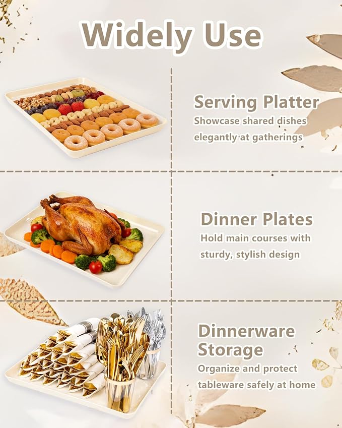 YOUBET 8PCS Ivory Wheat Straw Plastic Serving Trays for Party Wedding | Ivory Wheat Straw Trays for Serving Food - Super Strong Disposable Platters, Heavy Duty Plastic Trays for BBQ, Picnic