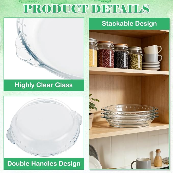3 PCS Glass Pie Plate 9 Inch, Glass Pie Pan with Handles, 9 Inch Pie Dish for Baking, Glass Pie Plate for Baking Quiches, Tarts, Desserts, Oven & Freezer Safe Kitchen Accessories