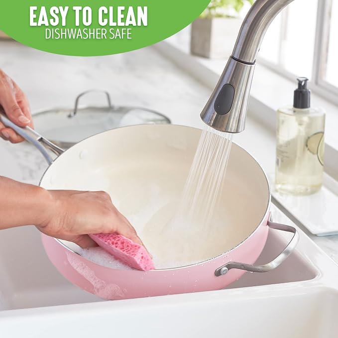 GreenLife Artisan Healthy Ceramic Nonstick, 5QT Saute Pan Jumbo Cooker with Helper Handle and Lid, Stainless Steel Handle, Induction, PFAS-Free, Dishwasher Safe, Oven Safe, Pink
