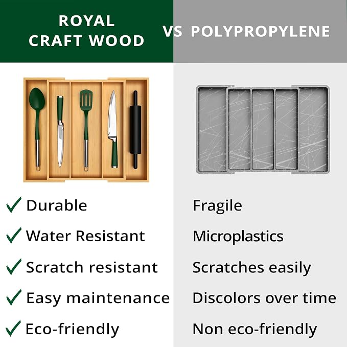 ROYAL CRAFT WOOD Luxury Bamboo Kitchen Drawer Organizer - Silverware Organizer - Utensil Holder and Cutlery Tray with Grooved Drawer Dividers for Flatware and Kitchen Utensils (5 Slot, Natural)