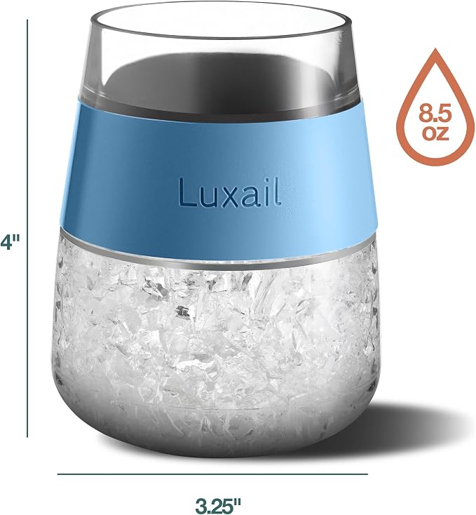 luxail Wine Glasses, Plastic Wine Glasses Set of 2, Wine Gifts, Double Wall Insulated Freezer Tumbler, Stemless Freezer cups for Red and white Wine, 8.5 Oz, Misty Blue