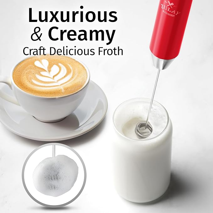 Zulay Kitchen Rechargeable Milk Frother Handheld - Frother Wand, Drink Mixer, Electric Whisk Frother, for Cappuccinos, Matcha & Protein Powder - Lux Double Whisk 2 Speed Waterproof 2000mAh Red