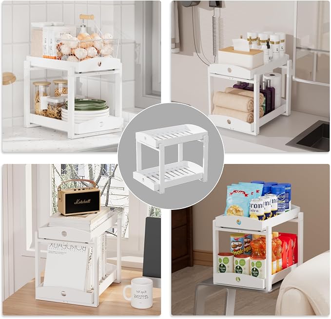 2 Pack Bamboo Under Sink Organizer, 2-Tier Sliding Drawers for Cabinets | Pull-out drawers keep cleaners and tall bottles visible, organized and easy to reach in kitchen or bathroom cabinets