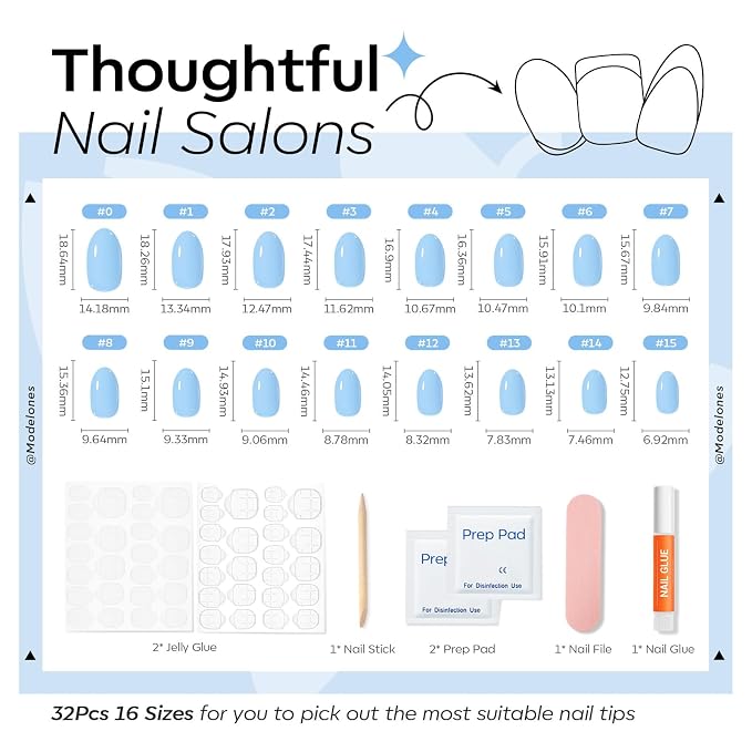 modelones Blue Short Press on Nails, Oval Fake Nails Kit Press On Nails | with Nail Glue, Adhesive Tabs, Nail File, Prep Pad, Manicure Stick, 32Pcs 16 Sizes, Summer Women Girl Gift