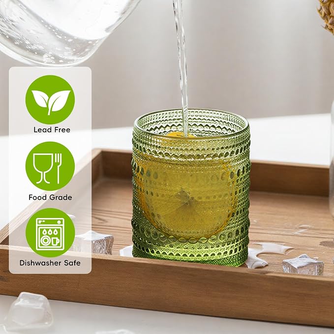 Moretoes 12 Pack 10 Oz Green Vintage Hobnail Drinking Glasses Set | Cocktail Glasses Vintage Glassware, Textured Glass Cups Bubble Glasses Water Glasses Old Fashion Jupiter Glasses Set