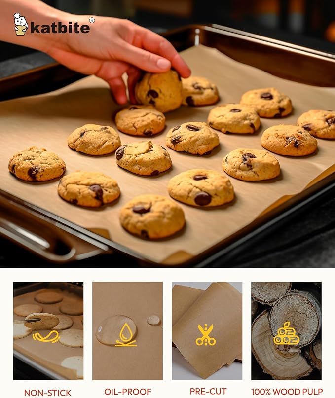 Katbite 120 Pcs Parchment Paper Baking Sheets, 12x16 Inch, Heavy Duty | Unbleached precut Non-Stick half sheet paper, ideal for baking, cooking, steaming and oven use