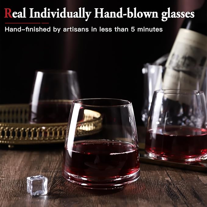 Stemless Wine Glasses Set of 6-14.5oz Hand Blown Heavy Red White Wine Glasses Unique gifts for him/her wedding, birthday, Mother's/father's day, anniversary