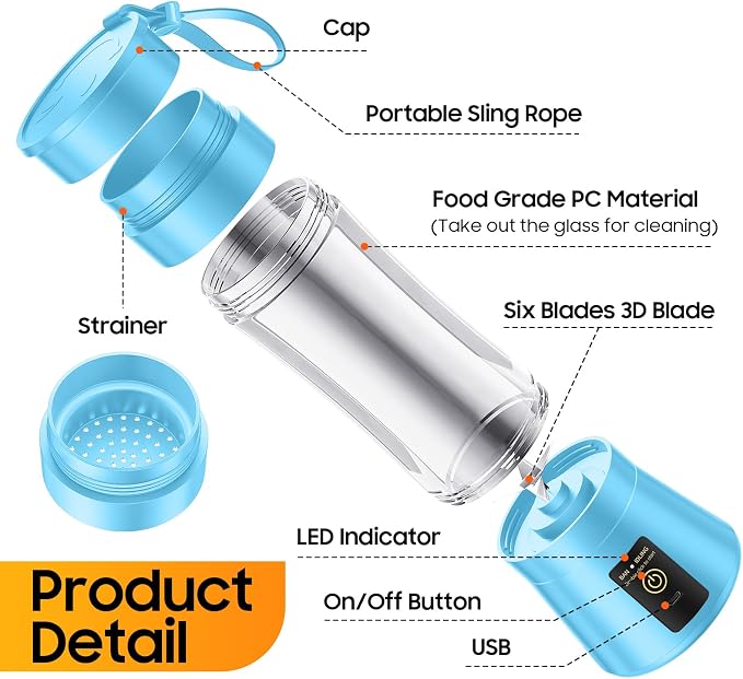 Portable Blender Personal Size Blender Make Smoothies, 12oz Mini Travel Cup | BPA-Free Small Blender with High Blending Speed, 6 Steel Blades, Easy Clean, Freshly Squeezed in Sports/Office/Gym