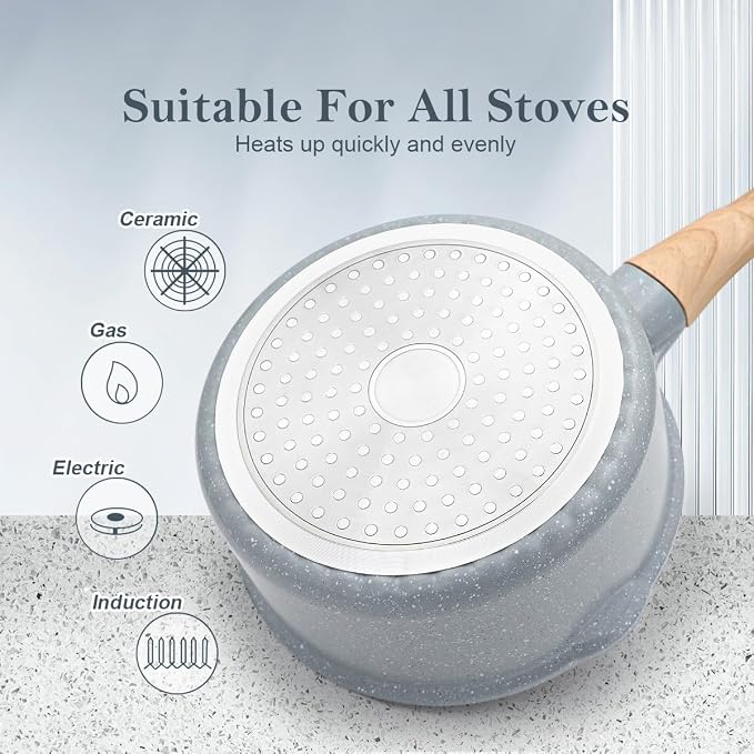 AIKENBBKK 1.5 Quart Ceramic Nonstick Saucepan with Lid, Small Sauce Pot with Pour Spouts for Multipurpose Use, milk Pan with Detachable Handle, Oven Safe, Blue