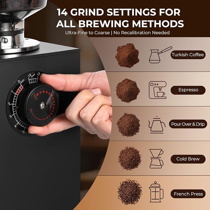 Grind by Weight Commercial Coffee Grinder, 64mm Flat Burr | Touchscreen, ±0.1g precision, dual dosing modes, 14 grind settings, 350w motor, fits portafilters, easy clean, for cafe use