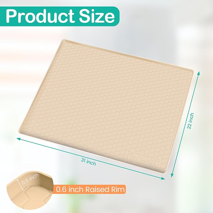 Silicone Under Sink Mat, 31"x22", Waterproof Cabinet Liner, Beige | Shelf Liner, Cabinet Protector, Home Organizer, for Kitchen, Bathroom, Multipurpose, Leak Proof, Easy Clean, Drip Tray, Clean