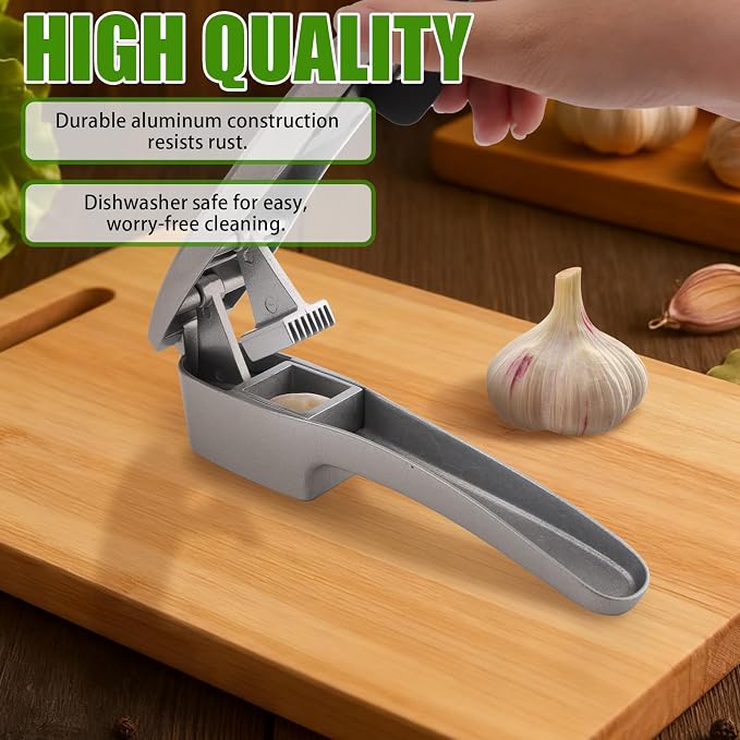 2 in 1 Garlic Press and Slicer with Built-In Cleaner and Silicone Peeler | Garlic Mincer Easily Mince and Crush Garlics, Ginger, Nuts, Seeds, Peeler Included, Peeling Cloves