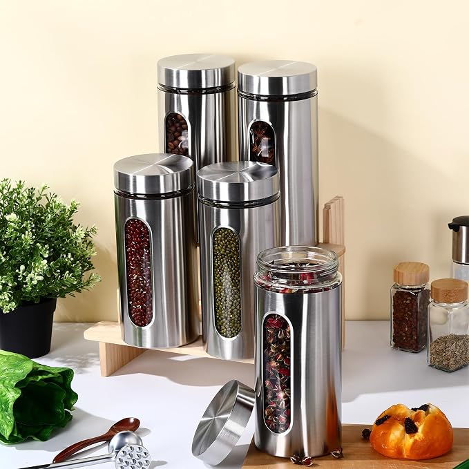 6 Pack Kitchen Canisters Set Airtight Coffee Sugar Tea Candy Storage Jars with Window Glass Stainless Steel Containers with Lids for Flour Cookies Spices Grains Kitchen Decorations(44 oz)