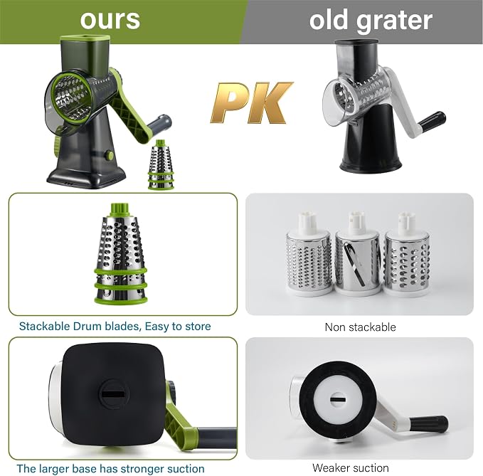 Rotary Cheese Grater hand crank 3 blades with Stronger Suction Base | Stainless Steel Blades for Fruits, Vegetables, Nuts. Dishwasher Safe & Easy to Clean, Transparent Black & Green
