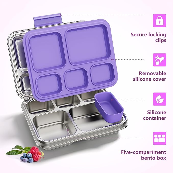 Pawtong Stainless Steel Lunch Box, 5-Compartment Bento Lunch Box for Kids & Adults,Metal Lunch Box with Removable Silicone Container, Lunch Box Containers for School,Office(Purple)