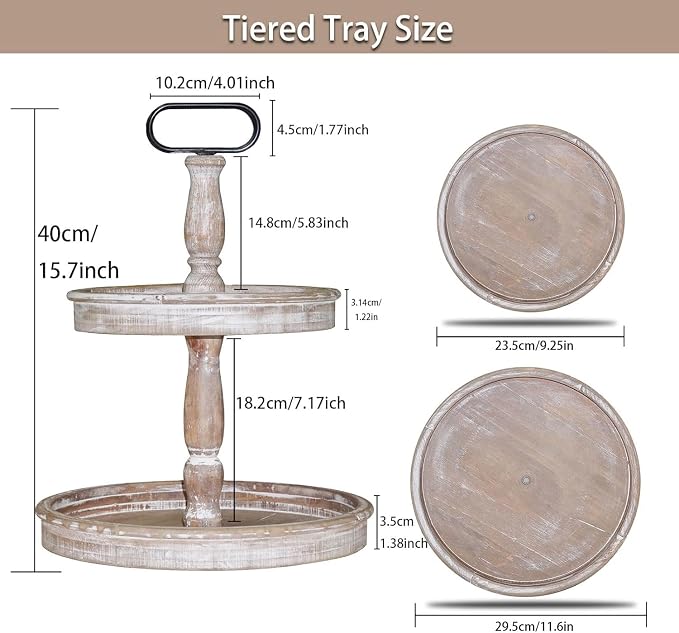 Krismax Decorative Trays - Two Tiered Tray Stand Rustic Decor Farmhouse 2 Tiered Tray Serving Tray Seasonal & Holiday Decoration Wooden Tray