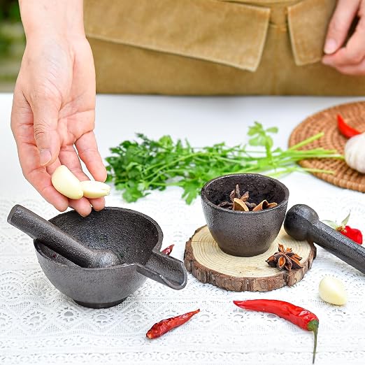 Sungmor Cast Iron 3.9 Inches Mortar with Pour Spout and 3.9 Inches Pestle | Small Heavy Duty Black Spice Grinder Set,Rustic Useful Kitchen Tools for Grinding Spices, Herbs, Nuts and Pesto