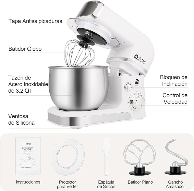 Kitchen in the box Stand Mixer,3.2Qt Mini Electric Food Mixer,6 Speeds Portable Lightweight Kitchen Mixer for Daily Use with Egg Whisk,Dough Hook,Flat Beater (White)