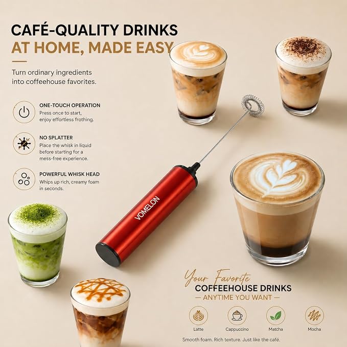 Milk Frother, Rechargeable Battery Operated Frother for Coffee,Portable Drink Mixer with 2 Stainless Steel Whisk Heads,Milk Foamer for Keto Coffee, Latte, Cappuccino, Hot Chocolate,Rube Red