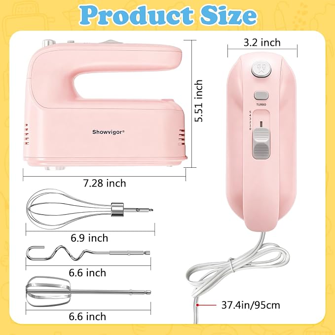 Electric Hand Mixer, 300W Handheld Mixer with 5 Stainless Steel Accessories, 5 Adjustable Speeds + Turbo Boost & Self-Control, One-Button Eject, Food Beater for Cakes, Eggs, Dough (Pink)