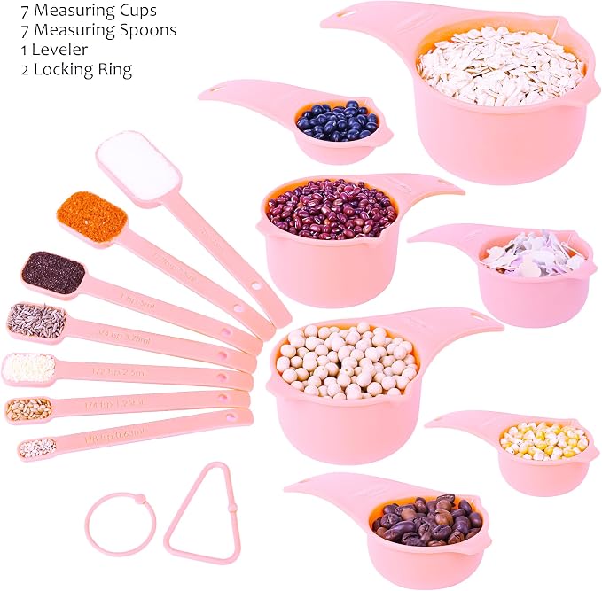 Measuring Cups and Spoons Set, Plastic Measuring Cup Set 15, Pink Dry Measure Cups Spoons, 7 Measuring Cups & 7 Spoons, Kitchen Measure Cup Spoons for Cooking & Baking