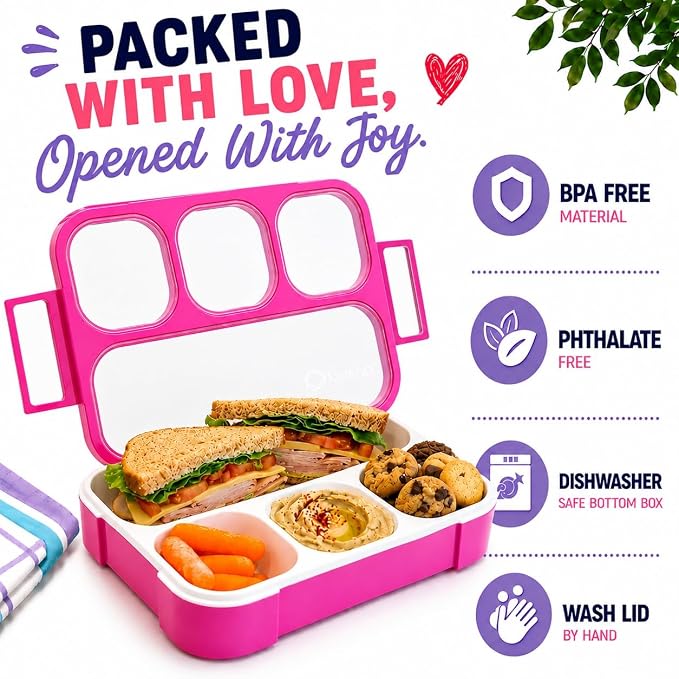 kinsho Bento Box Lunch Boxes for Kids Adults with Utensils, Pink & Purple | Meal & Snack Containers with 4 Divided Portion Compartments, Leak Proof School Work Travel Toddler Daycare BPA Free