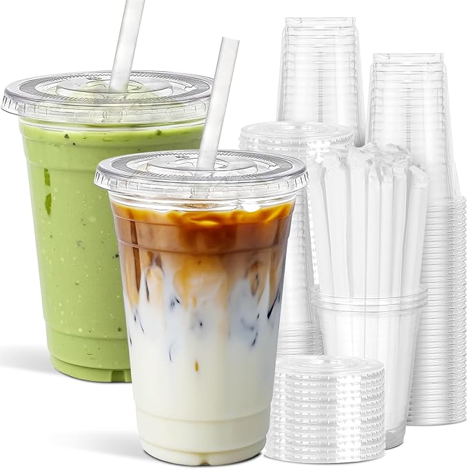 Ginkgo 100 Pack 24oz Clear Plastic Cups with Lids and Straws | Leak-Proof & Sturdy Disposable To Go Iced Coffee Cups for Smoothies, Lemonade