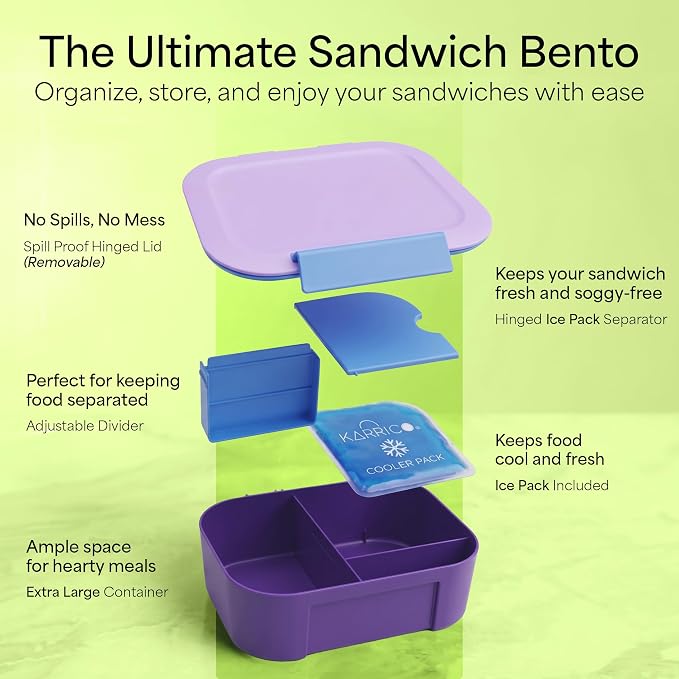 Leakproof Bento Lunch Box, 3-Compartment, Extra Large, Lilac & Blue | 3-Compartment Design, Leakproof, Extra Large Capacity, Adjustable Divider, Includes Cooler Pack, Dishwasher Safe, Reusable