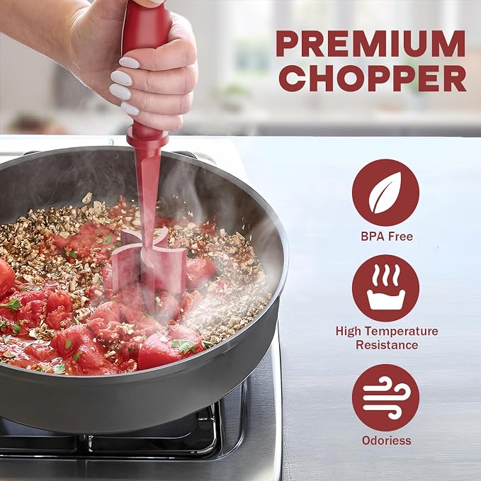2 Pcs Meat Chopper, Upgrade Hamburger Grinder, Premium Heat Resistant Meat Masher for Ground Beef, Ground Turkey and More, Non Stick Mix Chopper, Hamburger Smasher Safe-Red | Heat Resistant, Food-Grade Nylon, for Ground Turkey/Chicken and More, Non Sti...