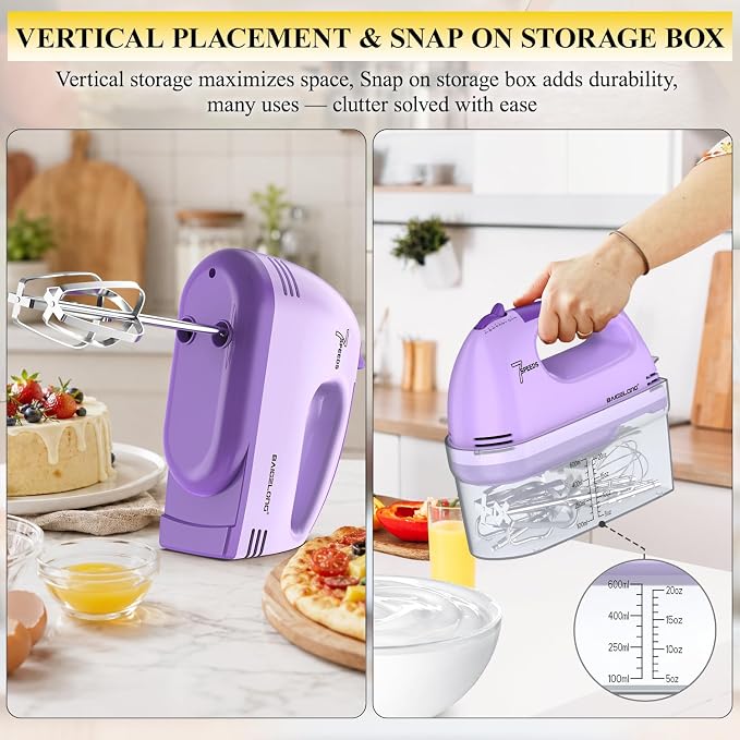 BAIGELONG Hand Mixer. 7-Speed Adjustable Kitchen Electric Mixer. With 5 Stainless Steel Attachments: 2 Hooks, 2 Beaters, 1 Whisk. Comes 1 Storage Box. Perfect for Bakers and New Starters. Purple