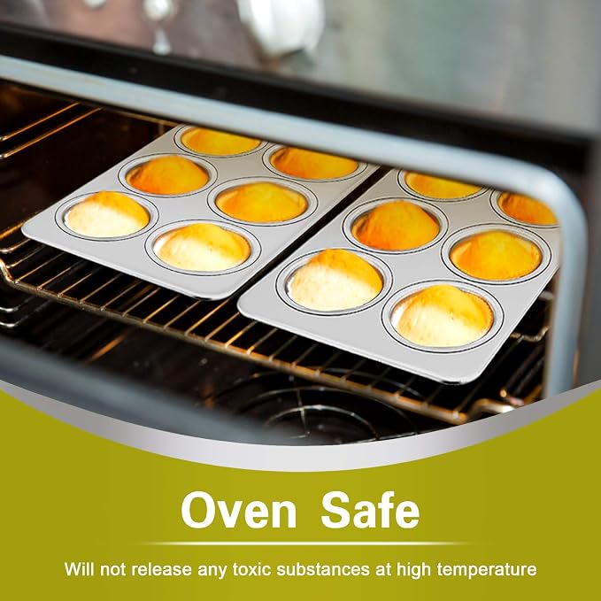 P&P CHEF 6-Cup Muffin Pan Tin, Stainless Steel Cupcake Pan, 2Pcs | Muffin Tin for Oven Baking, Dishwasher Safe, Non-Toxic, Standard Size, Ideal for Homemade Muffin Cup Cake Tart Quiche