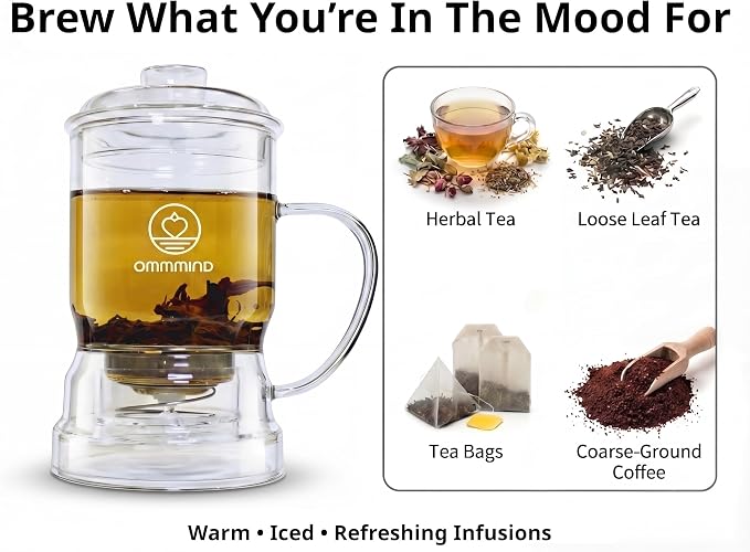 Glass Tea Infuser, Easy Drain for Loose Leaf, 15.2 oz, Clear | Fits rims under 3.15 in; set on mug to drain, lift to stop, helps limit bitterness. Dishwasher safe; tea bags, herbs, coffee